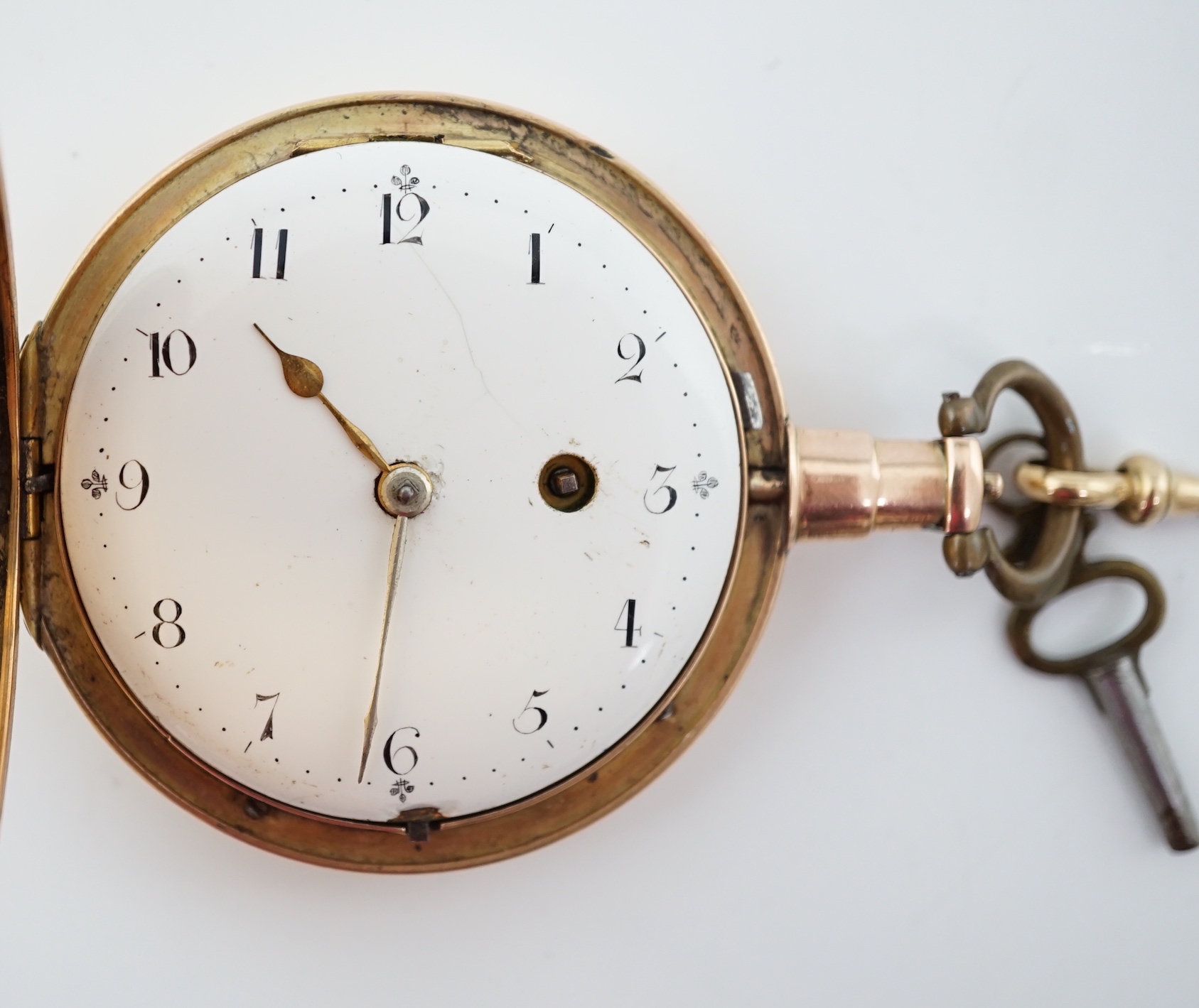 A George III 18ct gold hunter pocket watch by Abraham Samuel, together with a 15ct gold albert and base metal key